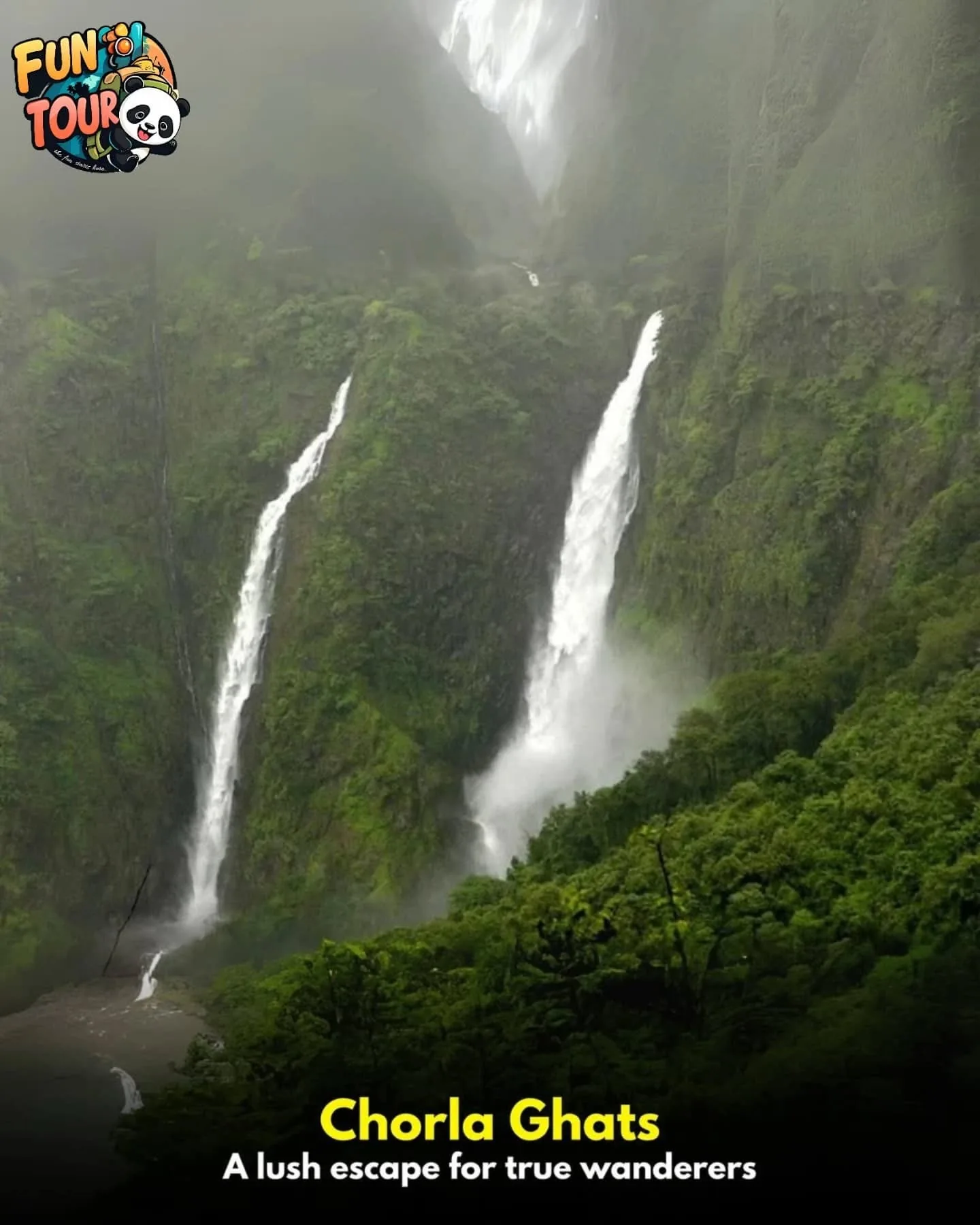 Water spilling over a green monsoon hillside