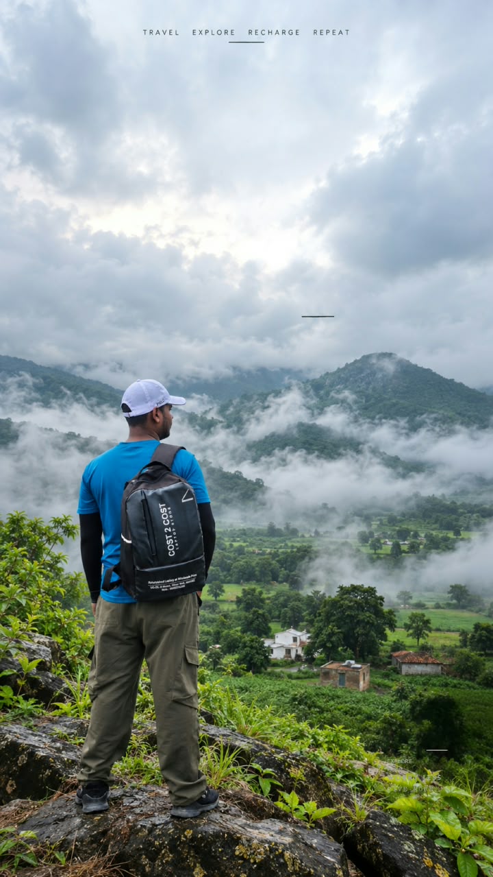 A FUN TOUR traveller looking out over misty green hills at Kalakund